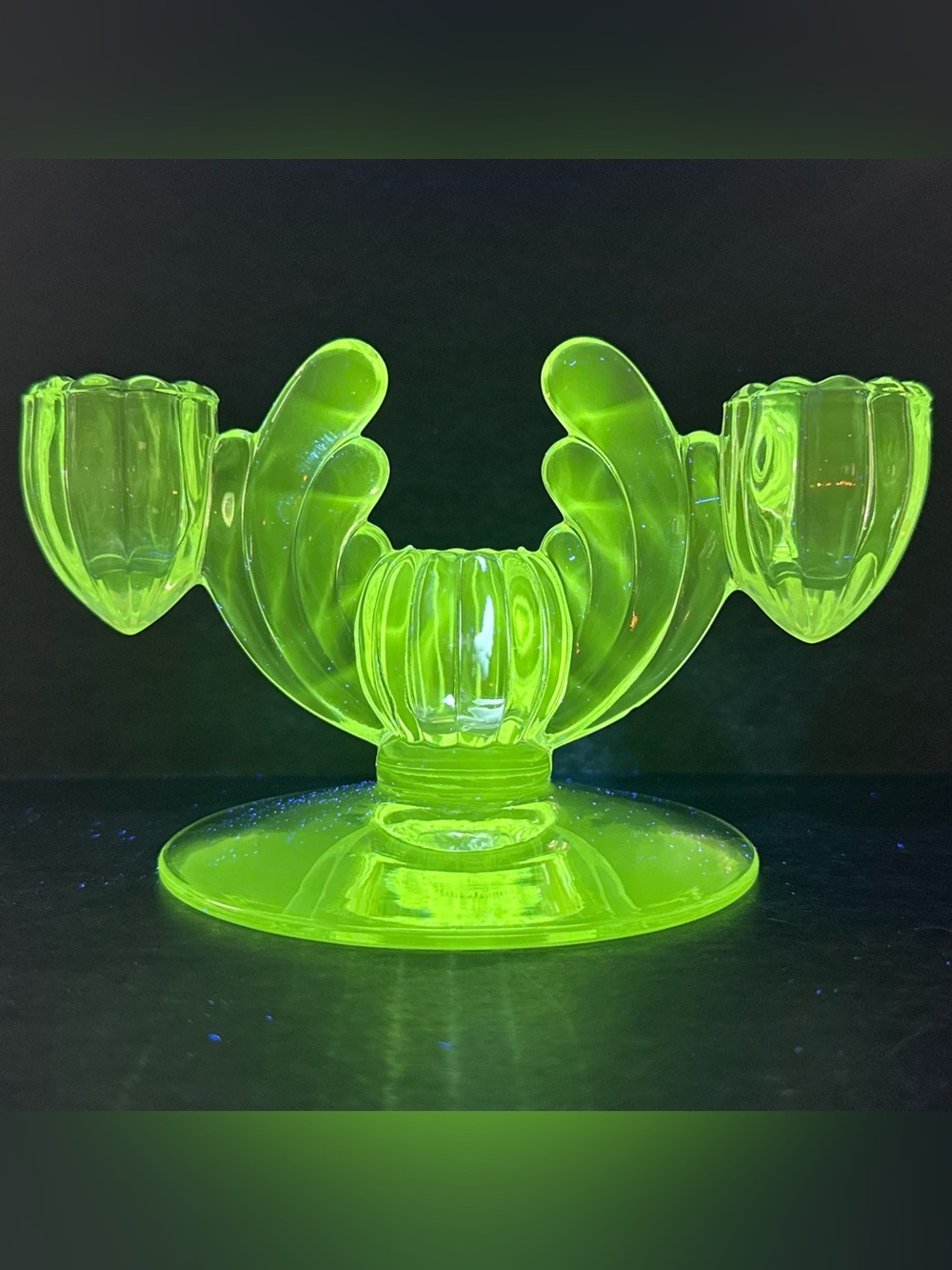 Vintage Heisey Crystolite 3 Light Candelabra Clear Glass Manganese UV Glow 1930s